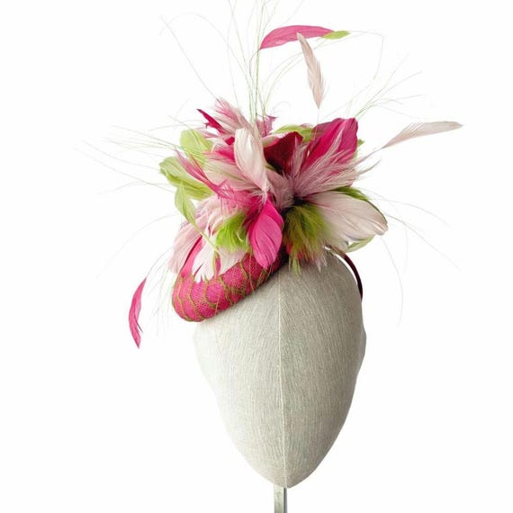 RIO - Pink and Green feathers and vintage veiling