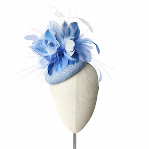Blue shades Kentucky Derby Hat.  Dramatic silver veiling and feather fascinator. Blue bridal shower, tea party, derby party or church hat.