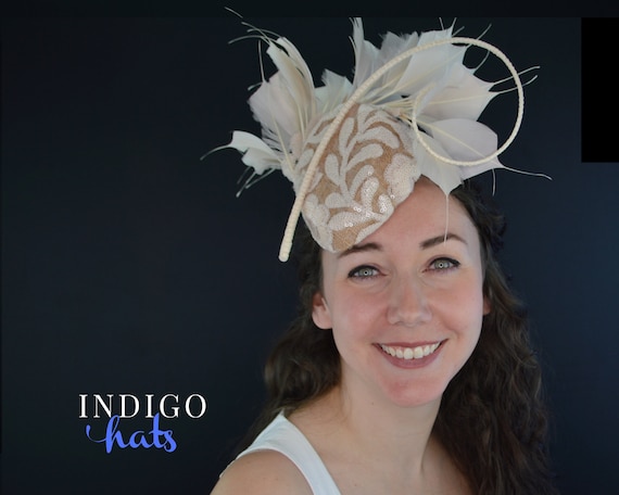 CUSTOMIZE COLORS - Feather Cocktail Hat with sequin overlay a straw quill.