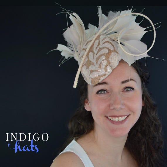 CUSTOMIZE COLORS - Feather Cocktail Hat with sequin overlay a straw quill.