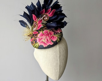 CUSTOMIZE COLOR - Navy and Pink British Style Afternoon Tea Party Fascinator. Oaks Day feather Kentucky Derby Hat. Custom Color Choice.