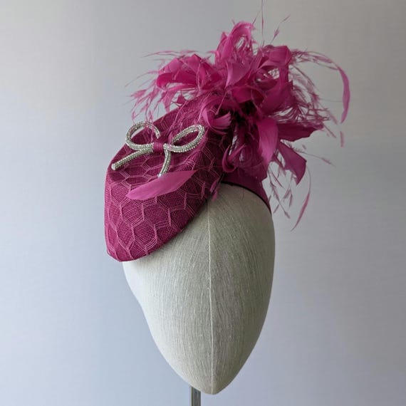 Cerise Percher Hat with Rhinestone Bow.