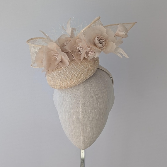 BLOSSOM pillbox fascinator,Natural straw