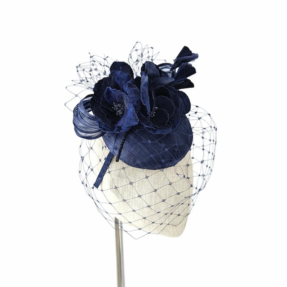 JOLIE - Navy Silk Abaca Pillbox Hat.