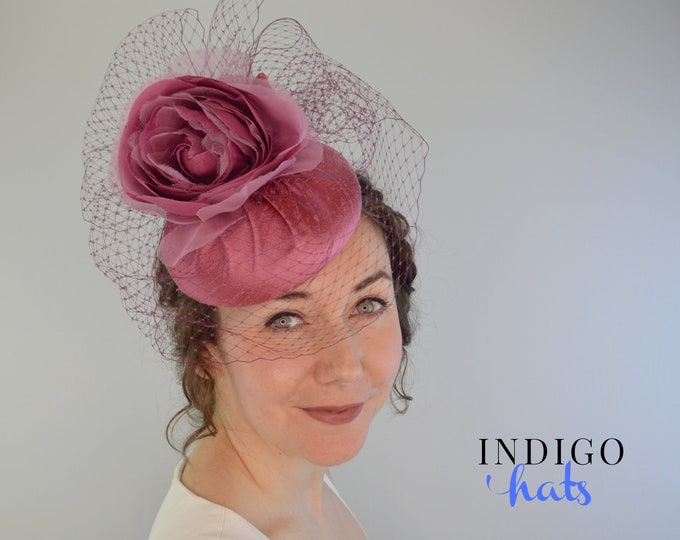 Womens Dusky Rose Pink Formal Hat. Pillbox Style for Derby Races