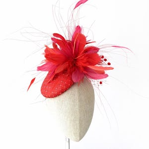 Red and Pink Feather Kentucky Derby fascinator.   Colorful hot pink red Oaks day pillbox hat, fun for tea parties, weddings or bridal shower