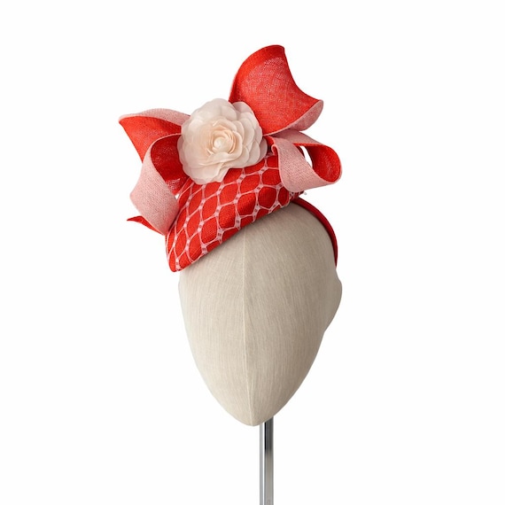 BARDOT - red and pink straw teardrop with silk flower and bow