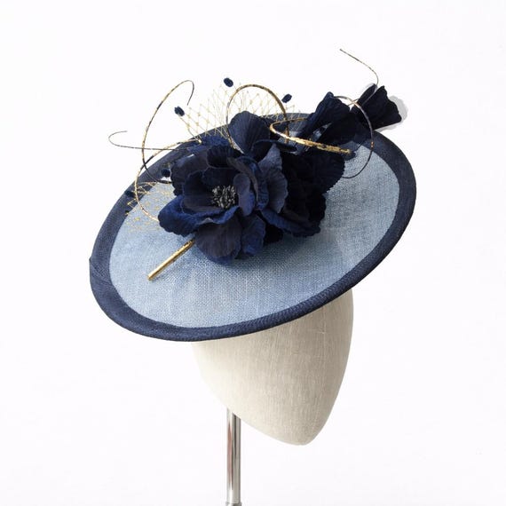 COLETTE - Navy and blue with Silk Velvet Flowers and Quills