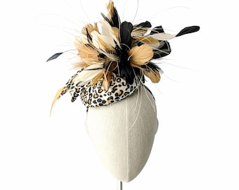 Women\'s Cream & Tan Floral Wide-Brim Fascinator Hat with Leopard-Print Ribbon Kentucky Derby Hats, Hats for Horse Races, Couture Designer  main image 2
