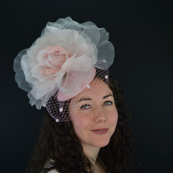 Pink Rose Kentucky Derby Fascinator, Bridal shower hat or afternoon tea party hat, large soft pink rose with veiling