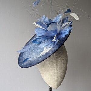 CUSTOMIZE COLOR Shades of Blue Formal Hat with Feathers. Kentucky Derby Hatinator, afternoon tea party hat, navy to light blue