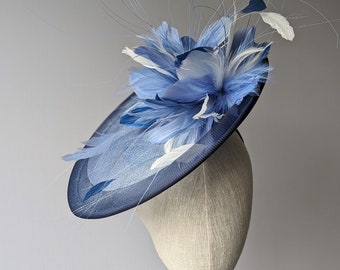 CUSTOMIZE COLOR Shades of Blue Formal Hat with Feathers. Kentucky Derby Hatinator, afternoon tea party hat, navy to light blue