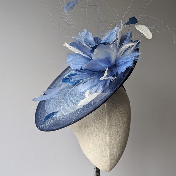 CUSTOMIZE COLOR Shades of Blue Formal Hat with Feathers. Kentucky Derby Hatinator, afternoon tea party hat, navy to light blue