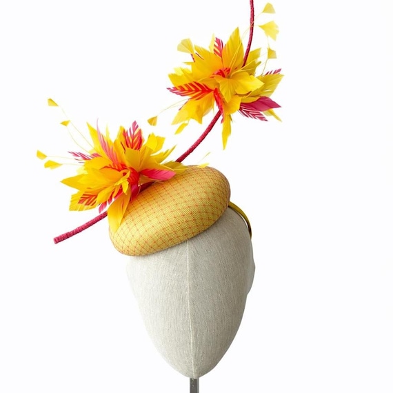Fleur Volante - Yellow and Pink Pom Pom feather hat
