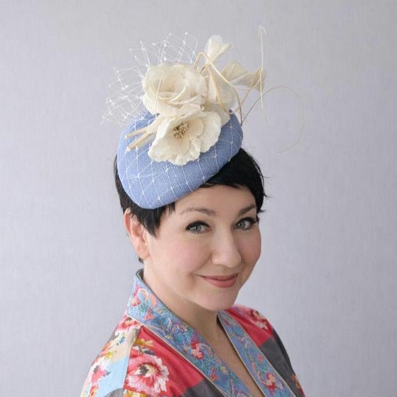 Periwinkle Straw Teardrop Pillbox Hat with velvet flowers, veiling and curled quills
