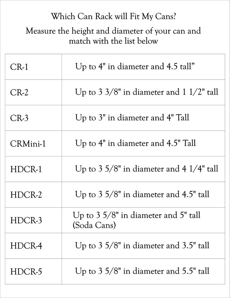 May include: A chart listing different can rack sizes and their corresponding dimensions in inches. The chart is titled "Which Can Rack will Fit My Cans?" and includes the following rack sizes: CR-1, CR-2, CR-3, CRMini-1, HDCR-1, HDCR-2, HDCR-3, HDCR-4, and HDCR-5.