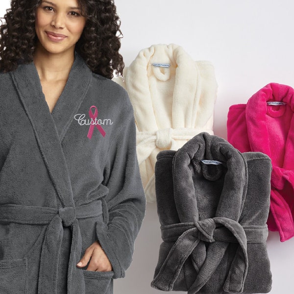 Robe de cancer du sein brodée, Robe personnalisée de survivant du cancer, Robe de ruban de cancer personnalisée, Robe de spa de luxe en peluche de paquet de soins contre le cancer