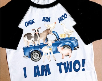 Farm Animal Birthday Shirt Oink Baa Moo Farm Birthday Blue Truck Party Shirt Barn Animal Party Boy Birthday Shirt Raglan Watercolor Truck