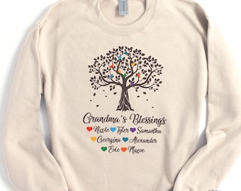Grandma Hoodie with Grandkids Names Tree Custom Grandma Sweatshirt with Grandkids Names Personalized Grandma&#39;s Blessings Hoodie Bird Tree
