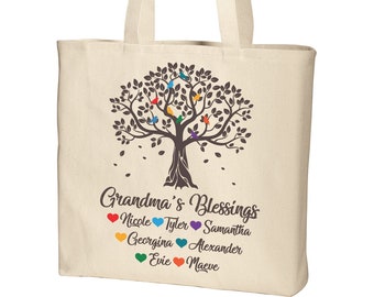 Grandma Tote with Grandkids Names Grandma Gift Personalized Grandma Bag with Grandchildren Name Grandma Tree Tote Blessings Birds
