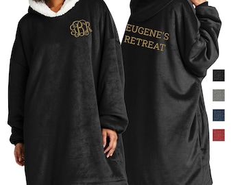 Coperta indossabile ricamata personalizzata, coperta ricamata Port Authority Mountain Lodge Muumuu, poncho con cappuccio, coperta da campeggio Sherpa