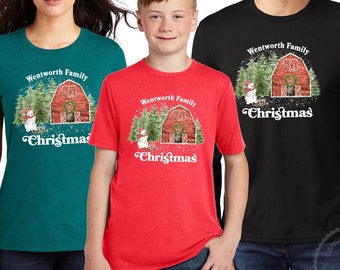 Family Matching Christmas Shirts Red Barn Snowman, Personalized Family Christmas Shirts, Custom Family Super Soft Premium Shirts, Farmhouse