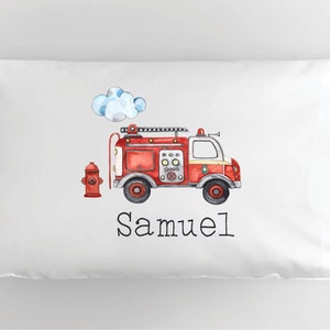 Custom Printed Firetruck Pillowcase, Fireman Birthday Gift, Watercolor Firetruck Pillowcase, Personalized Firetruck Gift, Firetruck Nursery image 1