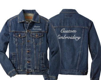 Custom Embroidered Denim Jacket Men's and Ladies Personalized Monogrammed Text Logo Stonewashed Indigo Denim Chest Pockets J7620 L7620