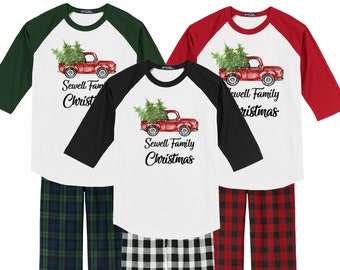 Family Coordinating Christmas Shirts Personalized Family Christmas Pajamas Custom Family Pajama Matching Christmas Shirts  Red Retro Truck