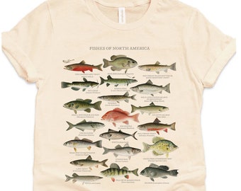 Chemise de poisson nord-américaine, cadeau de pêcheur, naturaliste de plein air du lac, pêche à la mouche, achigan, truite, brochet, saumon, brochet, perche, vivaneau rouge