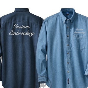 Custom Embroidery Men's Long Sleeve Industrial Work Shirt with Name  Embroidery and American Flag Patch