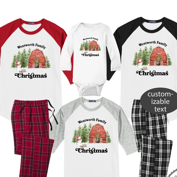 Family Matching Christmas Shirts, Personalized Family Christmas Pajamas, Custom Matching Family Pajamas Farm Red Barn House Snowman Shirts