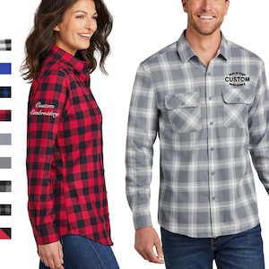 Embroidered Flannel Shirt Long Sleeve Personalized Monogrammed Plaid Button Down Custom Logo Company Work Tunic Red Blue White Black Grey