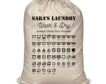 Sac à linge en toile personnalisé avec Instructions de lavage Symbole de lessive personnalisé Sac à linge personnalisé pour cadeau de graduation de dortoir universitaire