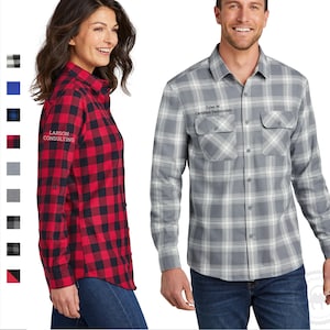 Embroidered Flannel Shirt Long Sleeve Personalized Monogrammed Plaid Button Down Custom Logo Company Work Tunic Men's Ladies W668 LW668