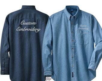 Embroidered Long Sleeve Denim Shirt Personalized Monogrammed Button Down Shirt Custom Denim Shirt Logo on Shirt Company Logo Work Shirt SP10