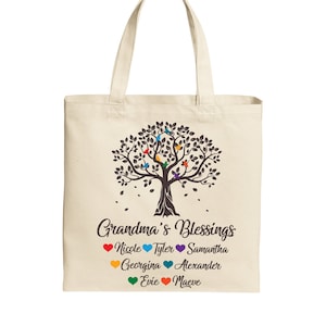 Heavy Duty Grandma Tote with Grandkids Names Grandma Gift Personalized Grandma Bag with Grandchildren Name Grandma Tree Tote Blessings Birds