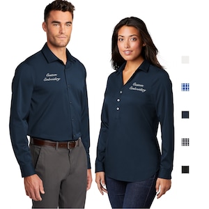 Embroidered Corporate Button Down Tunic and Shirt, Stretchy Long Sleeve Monogrammed Plaid Custom Logo Company Work Wrinkle-Resistant