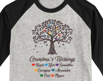 Grandma Shirt with Grandkids Names Mother's Day Gift Personalized Grandma Shirt with Grandchildren Name Grandma's Blessings Shirt Tree Birds