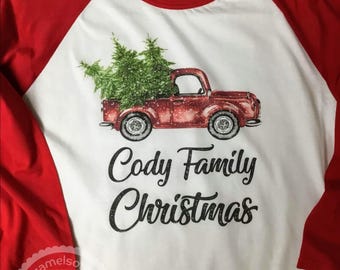 Personalized Family Christmas Shirts Family Matching Outfit Custom Coordinating Tees Red Retro Truck Snowy Tree Adult Youth Toddler Infant