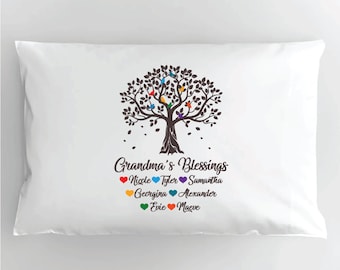Grandma Pillowcase with Grandkids Names, Grandma Tree Pillowcase, Personalized Grandma Gift from Grandkids, Grandma Keepsake Bird Blessings