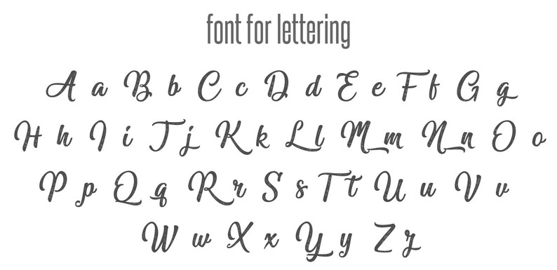 May include: A complete alphabet in a cursive font, with both uppercase and lowercase letters displayed. The letters are in a dark gray color and are arranged in rows. The text "font for lettering" is at the top.