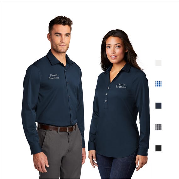 Embroidered Corporate Button Down Tunic and Shirt, Stretchy Long Sleeve Monogrammed Plaid Custom Logo Company Work Wrinkle-Resistant W680 Embroidered Corporate Button Down Tunic and Shirt, Stretchy Long Sleeve Monogrammed Plaid Custom Logo Company Work Wrinkle-Resistant W680