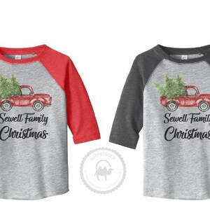 Family Christmas Shirts Personalized Matching Christmas Outfit Custom Old Fashioned Red Retro Truck Grey Raglan Adult Youth Toddler Infant image 9
