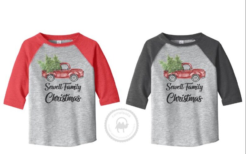 Family Christmas Shirts Personalized Matching Christmas Outfit Custom Old Fashioned Red Retro Truck Grey Raglan Adult Youth Toddler Infant image 9