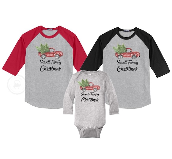 Family Christmas Shirts Personalized Matching Christmas Outfit Custom Old Fashioned Red Retro Truck Grey Raglan Adult Youth Toddler Infant