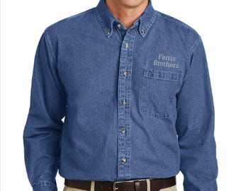 Besticktes schweres Langarm-Denim-Shirt 7,5 Unze 100% Baumwolle Personalisierte Monogramm Button Down Firmenlogo Uniform S100