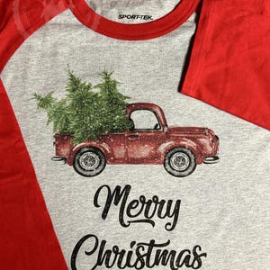 Family Christmas Shirts Personalized Matching Christmas Outfit Custom Old Fashioned Red Retro Truck Grey Raglan Adult Youth Toddler Infant image 3