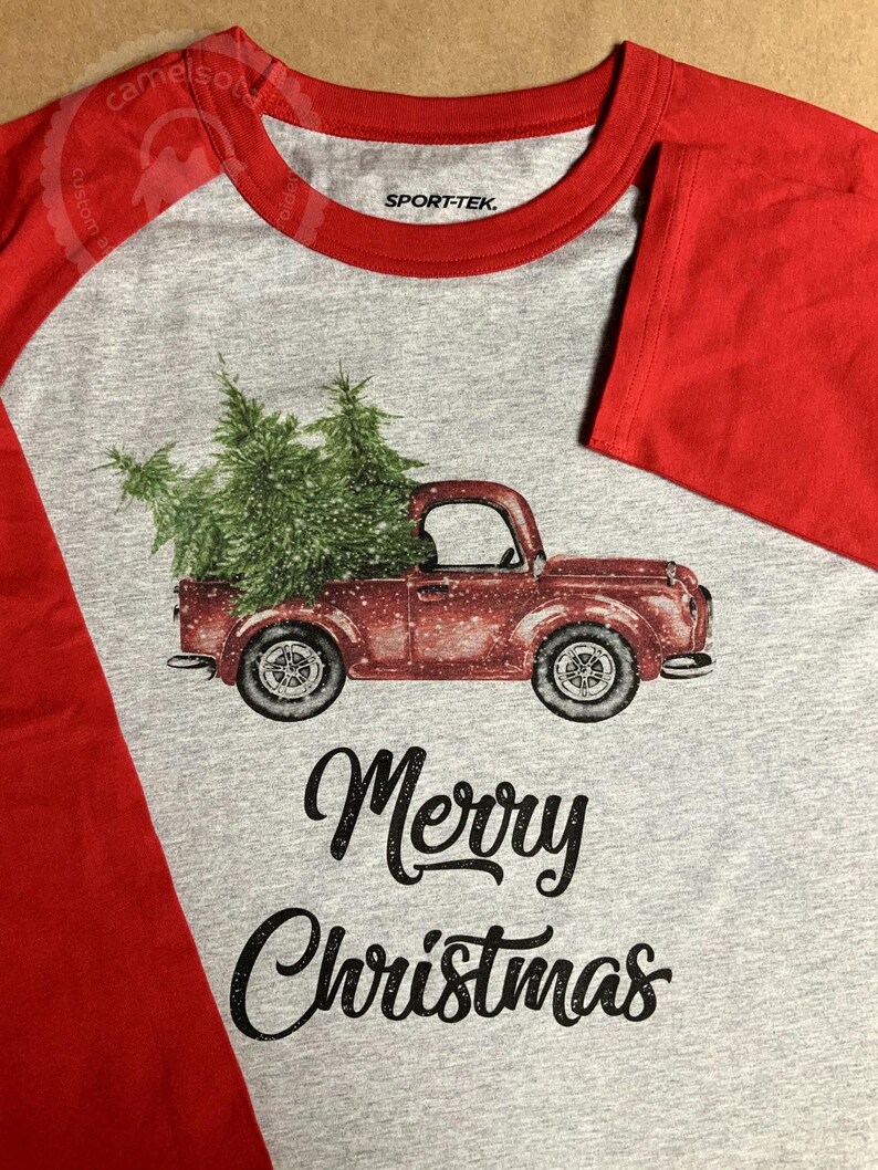 Family Christmas Shirts Personalized Matching Christmas Outfit Custom Old Fashioned Red Retro Truck Grey Raglan Adult Youth Toddler Infant image 3