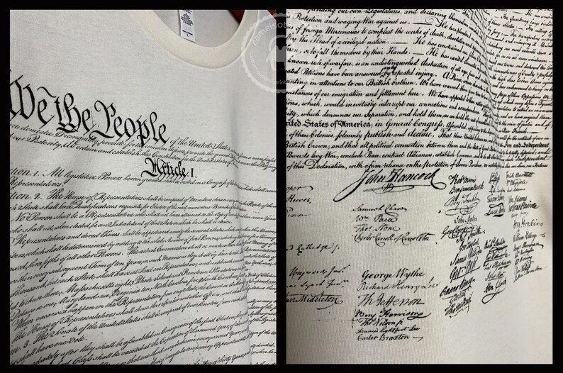 May include: A white t-shirt with the full text of the United States Constitution printed on it. The text is in black ink and includes the signatures of the founding fathers. The shirt is a great way to show your patriotism and love of American history.